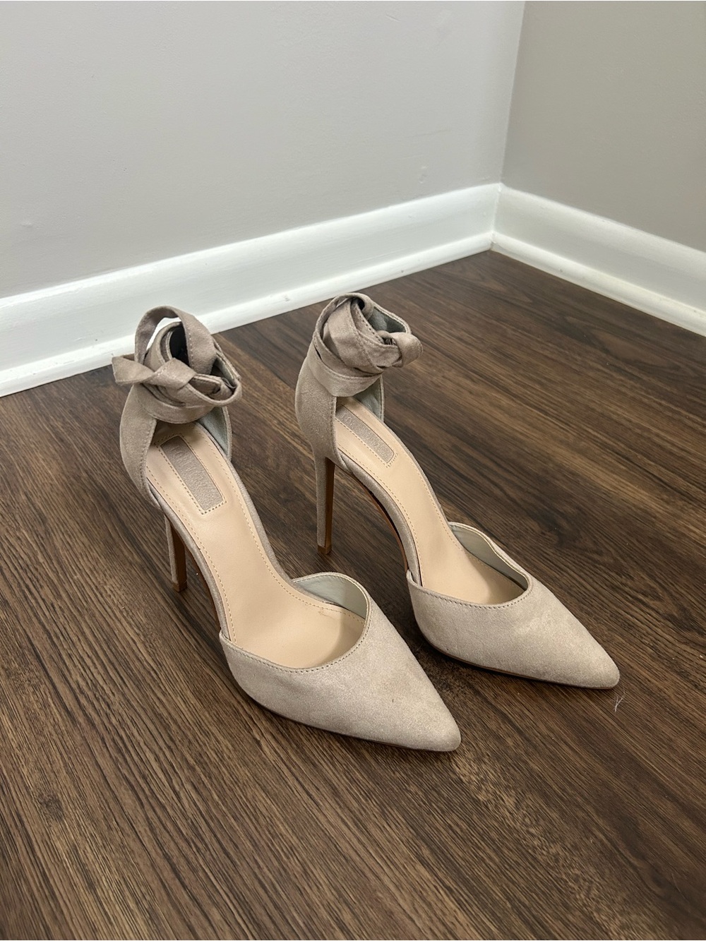 Forever 21 Taupe Ankle-Tie Pointed Toe Stiletto Heels
